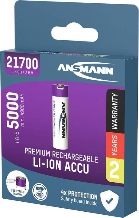 Actual product image Ansmann Li-Ion Akku 21700 5000 mAh mit USB Typ-C Ladebuchse Mignon (AA)-Akku Li- (1 pcs., 21700, 5000 mAh)
