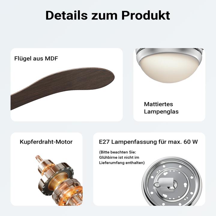 Produktbild Wiltec Deckenventilator Ø130cm Ventilator 55W Deckenlüfter Lampe Fernbedienung (55 dB)