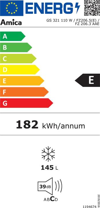 Energie-Label Amica GS 321 110 W ws Standgefrierschr. E 145L 125,9x54x55cm FrostControl (Freistehend, 145 l)