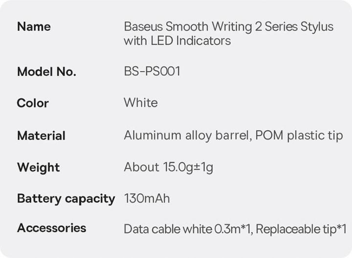 Valori nutrizionali e ingredienti Baseus Penna stilo Smooth Writing 2 con indicatori LED (baltas)