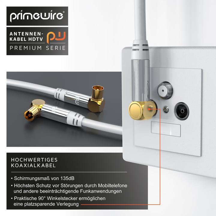 Actual product image Primewire Antenna Cable 90° Angled | HDTV Premium Coaxial Cable 135dB / 75 Ohm | FullHD / 4k Ultra HD (85 dB, Antenna cable)
