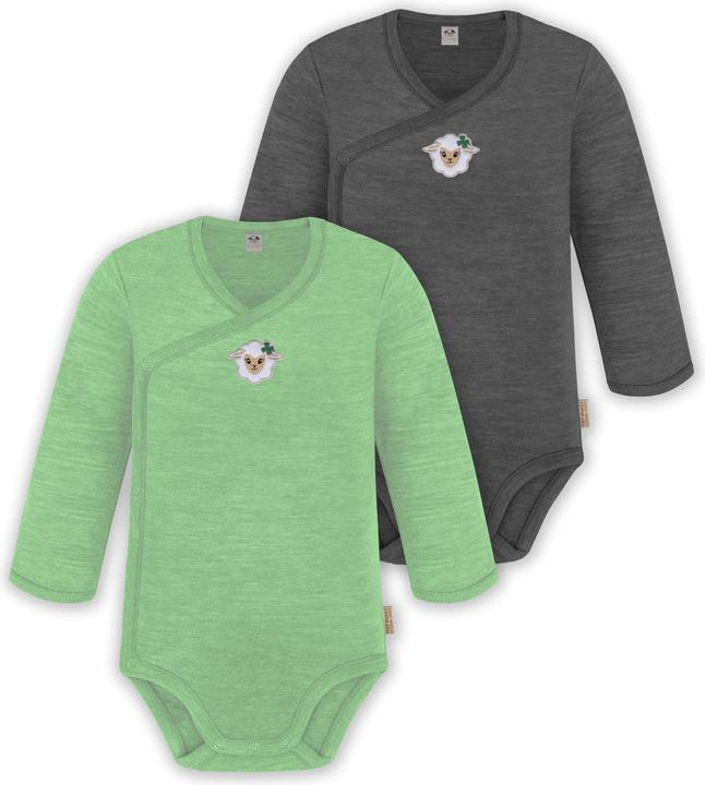Normani 2er Set Unisex Baby Wickelbody Langarm-Strampler Einteiler aus Merinowolle - 9351