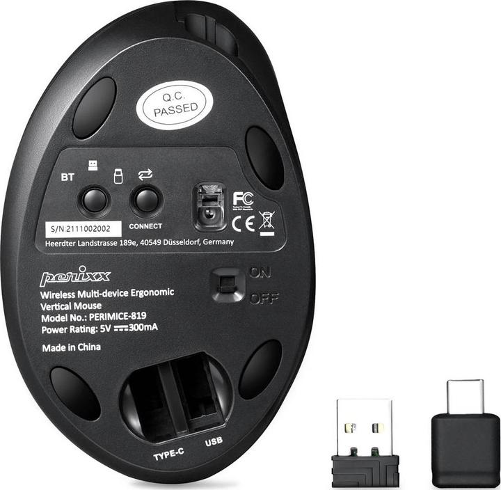 Immagine prodotto Perixx PERIMICE-819, mouse verticale ergonomico, clic silenzioso, multidispositivo, nero (Senza fili)
