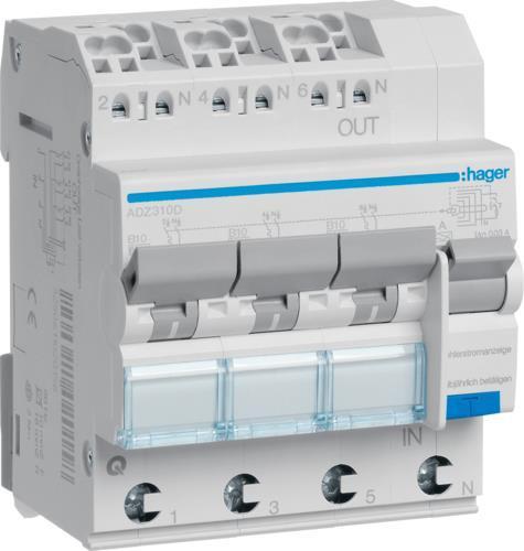 Hager HAG ADZ310D FI-LS 3X 1P+N 6kA B-10A 30mA Type A QC