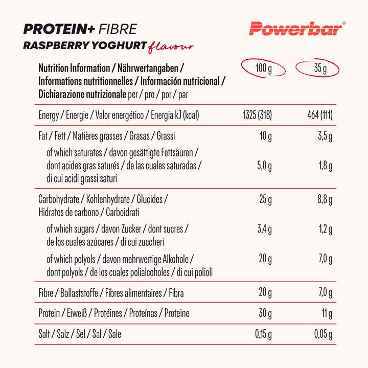 Valeurs nutritives et ingrédients Powerbar Boîte Protein Plus Low Sugar Multiflavour (Chocolat, Vanille, Framboise, Yaourt, Brownie, Expresso, 16 pcs, 560 g)