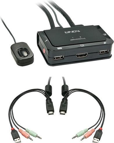 Immagine prodotto Lindy Interruttore KVM HDMI 2 porte USB 2.0 Compact. HDMI 3D e conforme USB 2.0 Audio e microfono