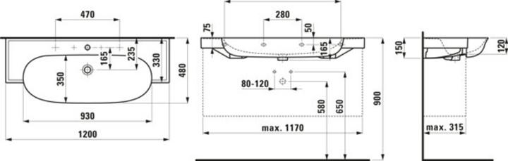 Image du produit Laufen The New Classic lavabo, encastré, sans trop-plein, 2 trous pour robinet, 1200x480mm, H813858 (1200 mm, 480 mm)