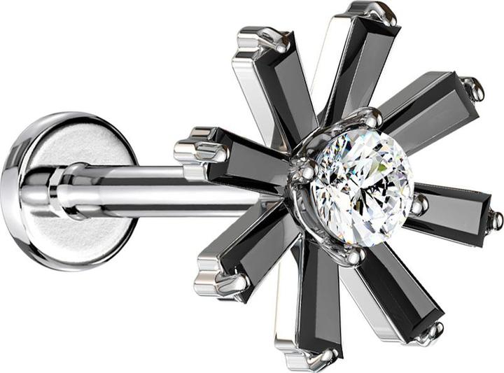 Image du produit Star Piercing Micro Labret Filetage interne argenté Fleur de cristal noire (Laiton, Acier chirurgical 316L)
