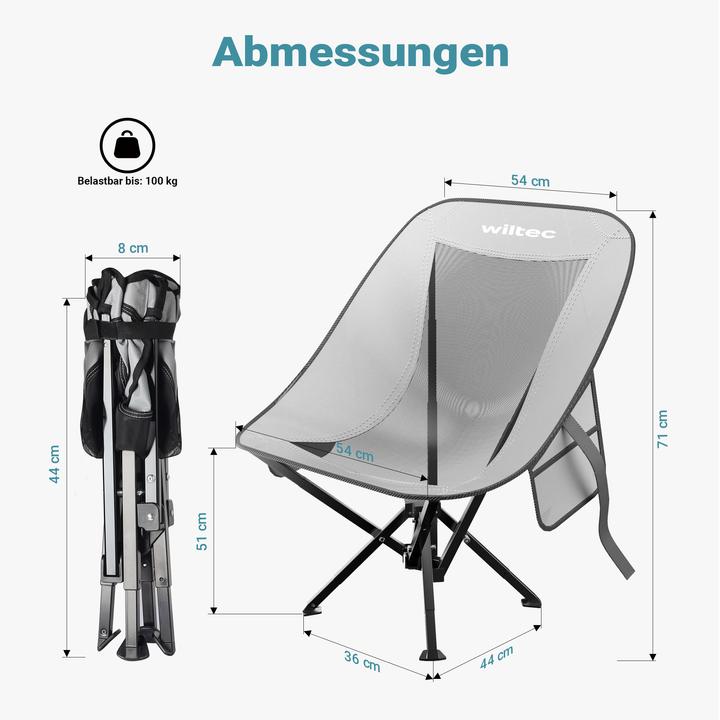 Produktbild Wiltec Campingstuhl faltbar grau schwarz 100kg Klappstuhl Anglerstuhl Faltstuhl