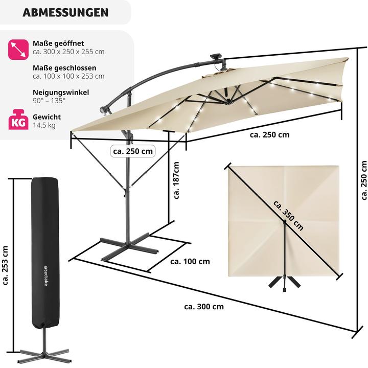Immagine prodotto tectake Ombrellone Sunna LED-Solar con manovella 2,5 x 2,5 m (2.50 m)