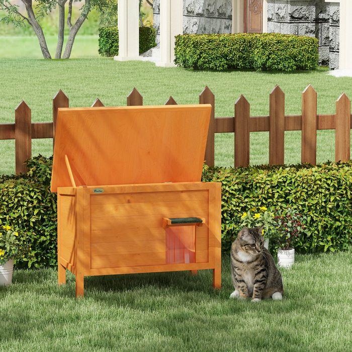 Actual product image Swisshandel24 Wooden cat house, outdoor cat cave, insulated cat hut with door curtain, small animal house in the (Cat)