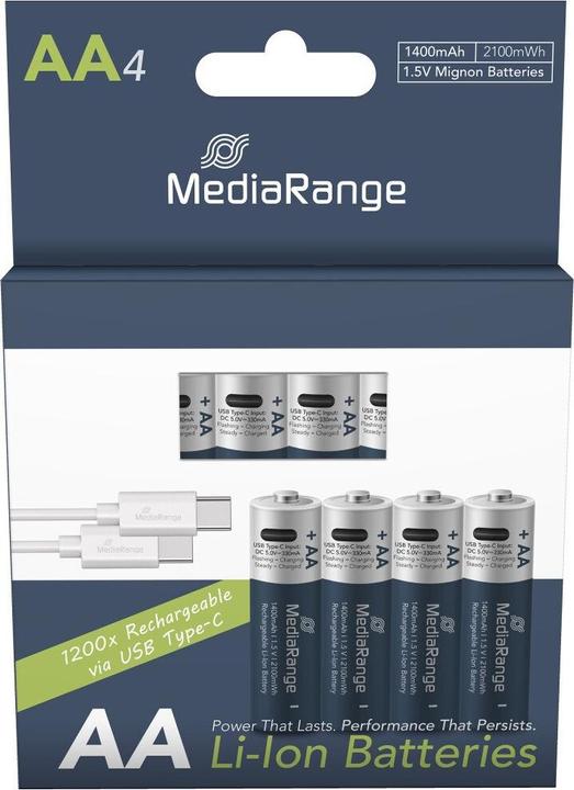 Image du produit MediaRange Rechargeable USB-C (4 pcs, AA, 1400 mAh)