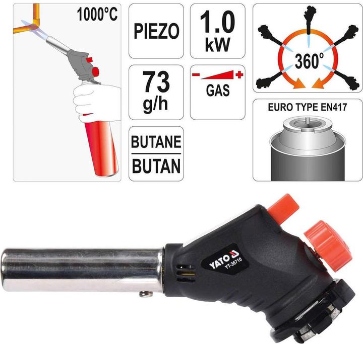 Produktbild Yato Profi Gaslötbrenner mit Piezo-Zündung | EN417-Anschluss | 1 kW | 1000°C | Bunsenbrenner Lötbren