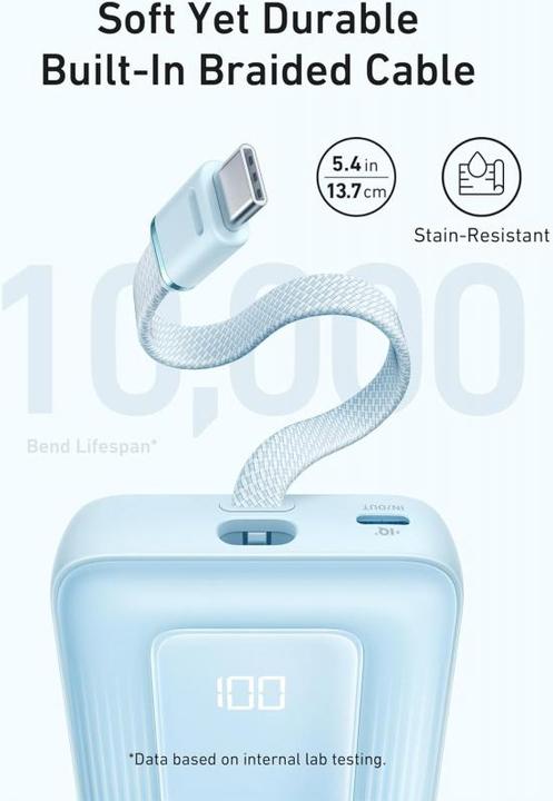 Actual product image Anker - Power Bank Zolo (A1688031) - Type-C, USB, 10000mAh, 30W, with Type-C Cable - Light Blue (10000 mAh, 30 W)