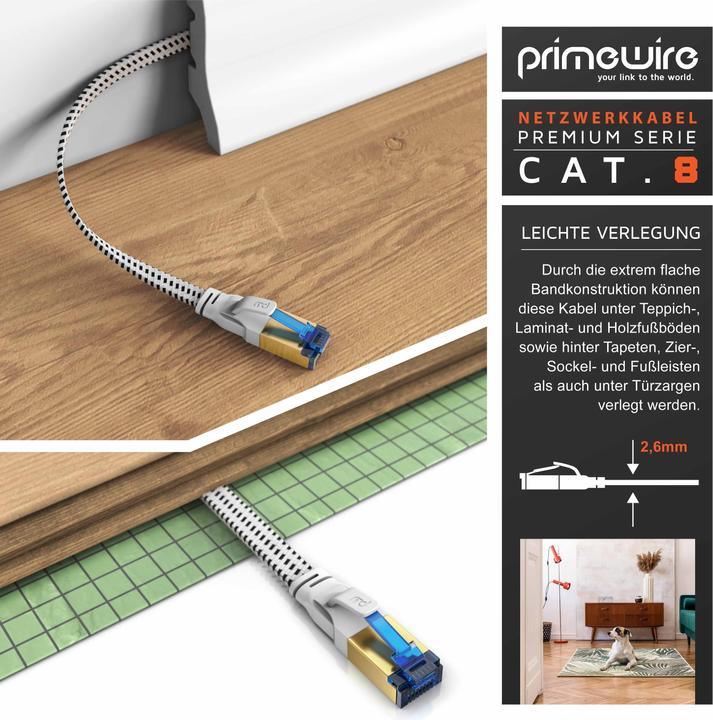 Image du produit Primewire Câble réseau CAT 8 Gaine plate en coton - Câble patch LAN Câble de données - Câble plat - Câble (U/FTP, CAT8.1, 0.50 m)