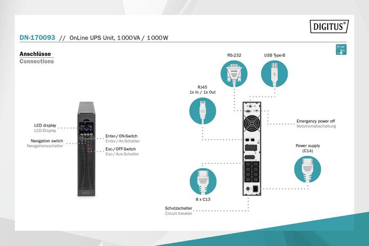 Immagine prodotto Digitus Sistema UPS OnLine, 1000 VA/ 1000 W (1000 VA, 1000 W, Doppio convertitore online UPS)