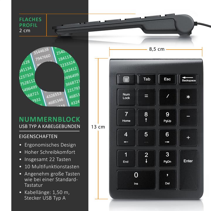 Produktbild Aplic Numpad 22 Tasten, USB Keypad kabelgebunden, Ziffernblock, Nummernblock Zusatztastatur, Kabel 1,50 m (DE, Kabelgebunden)