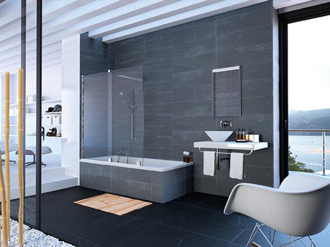 Actual product image Hüppe Xtensa pure bath screen sliding door 1-piece with fixed segment width:140cm stop left (161 cm, 84 cm, 22 cm)