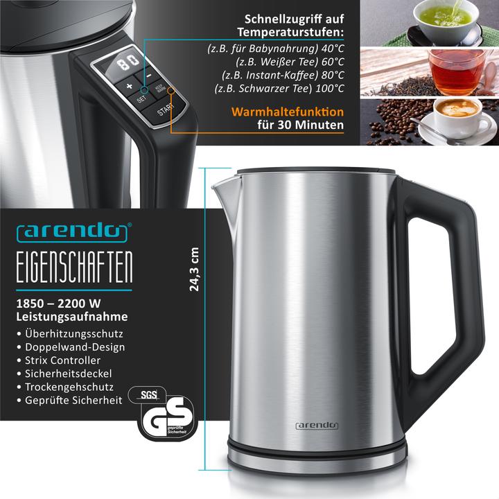 Actual product image Arendo Breakfast set, kettle 1.5l temperature selection, 2-slice toaster & egg cooker for 6 eggs, silver