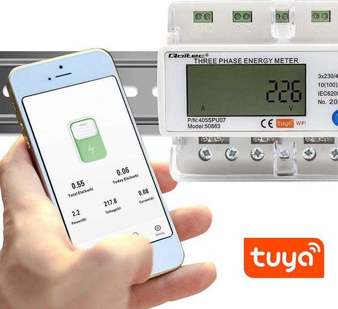 Produktbild Qoltec 50883 Three phase electronic energy consumption meter for DIN rail | Wi-Fi | TUYA | 400V | LC