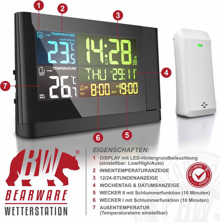 Actual product image Bearware Weather station with outdoor sensor, radio weather station with projection (can be rotated 180°) &