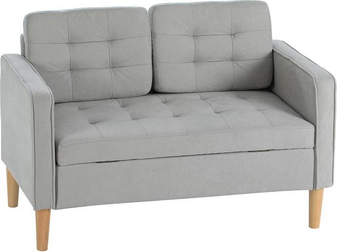 Produktbild Swisshandel24 Zweisitzer-Sofa mit Stauraum, Knopfheftung, Kissen, Kautschukbaumholz, 117x62x78cm, Hellgrau (2-Sitzer)