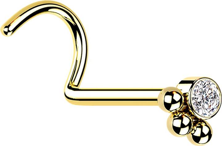 Star Piercing Nasenstecker gebogen vergoldet Kristall mit drei Kugeln (ohne Messing, Chirurgenstahl 316L)