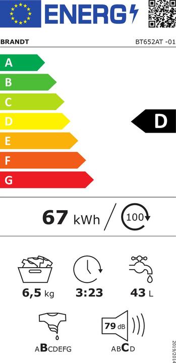 Energie-Label Brandt LAVE-LINGE 6,5 kg - 1200 Tours/mn (6.50 kg, Rechts)