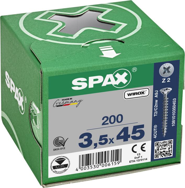 Image du produit Spax Vis R 88094 tête fraisée avec pointe/croix -PZ 3,5 x 45/40-Z acier électro-galvanisé WIROX (200 Vis par pièce)
