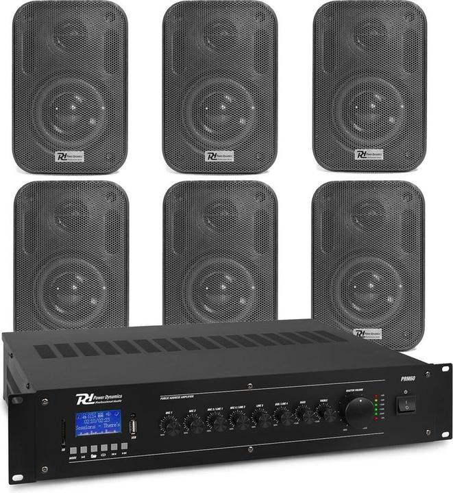 Produktbild Power Dynamics Outdoor -Lautsprecher -Set - 6x Black 60W -Lautsprecher und 100 -V -Verstärker - Blue (Aktiv)