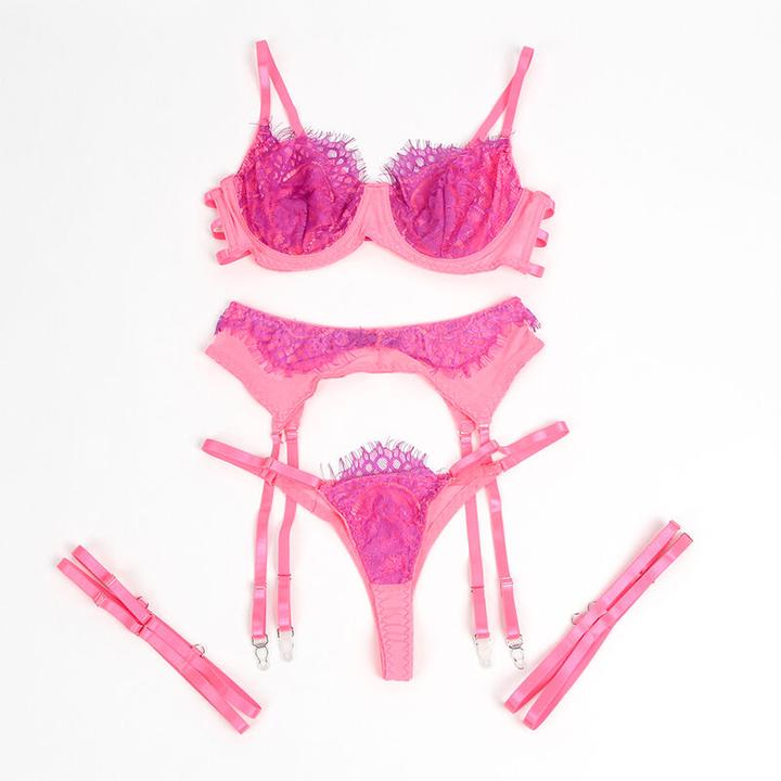 Produktbild Subblime - 955366 BH-SET MIT SPITZE UND STRUMPFBAND ROSA UND LILA L/XL (XL)