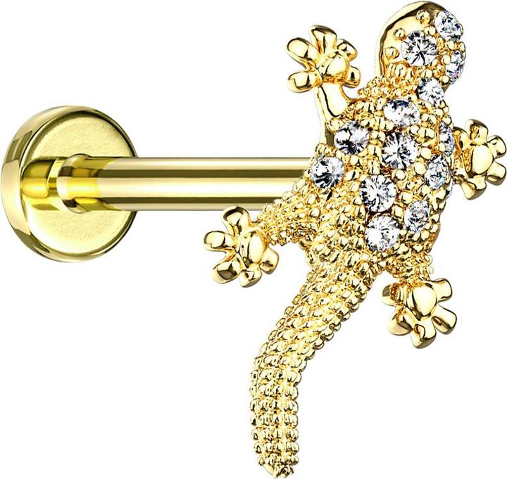Star Piercing Micro Labret Innengewinde 14k vergoldet Eidechse mit Kristallen (Chirurgenstahl 316L, Messing)