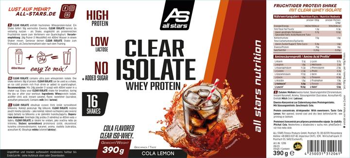 Nutritional values and ingredients All Stars Clear Isolate Whey Protein (390g tin) (Cola, 1 pcs., 390 g)