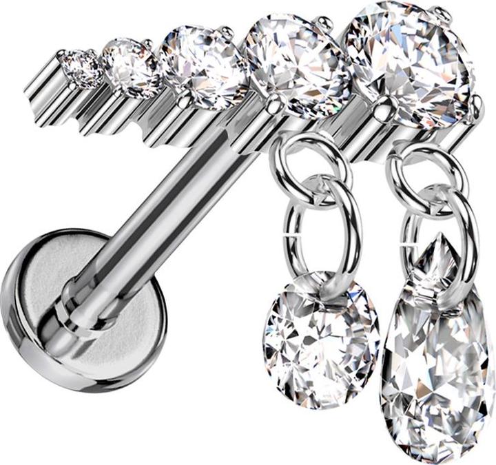 Actual product image Star Piercing Micro labret inner thread silver five crystals silver pendant two chains crystals silver left (without brass, Titanium G23)