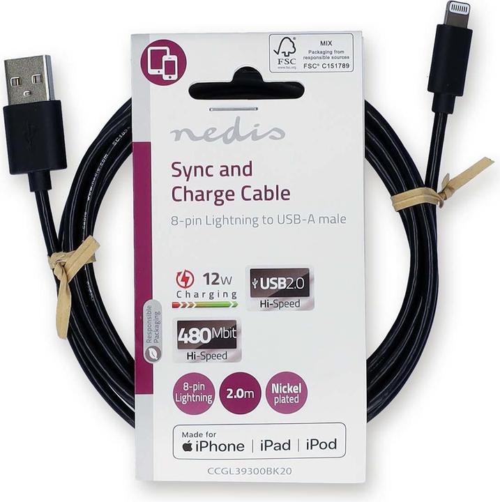 Immagine prodotto Nedis Cavo Lightning | USB 2.0 | Apple Lightning 8-Pin | Connettore USB-A | 480 Mbps | Nichelato | 2. (2 m, USB 2.0)
