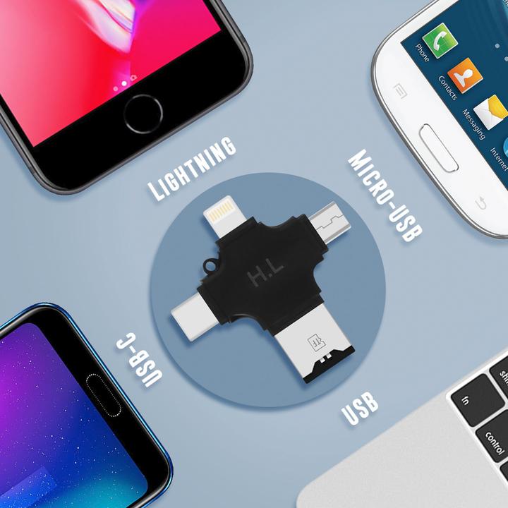 Produktbild Avizar 4-in-1 Micro-SD Kartenleser USB-C / Lightning / Micro-USB / USB - Schwarz
