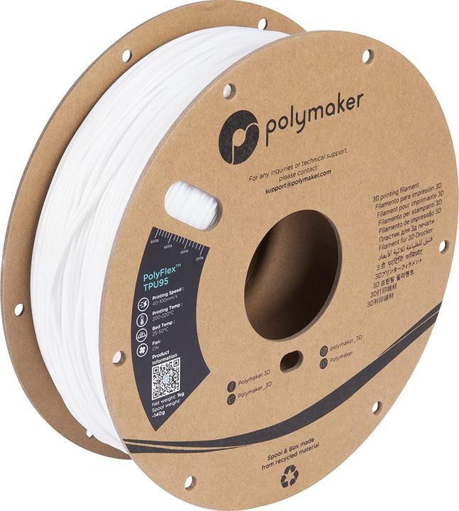 Produktbild Polymaker PolyFlex TPU95 V2 - White - 1.75mm (TPU, 1.75 mm, 750 g, Weiss)