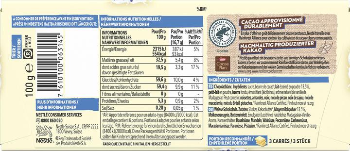 Nährwerte und Zutaten Galak Weisse Schokolade (100 g)