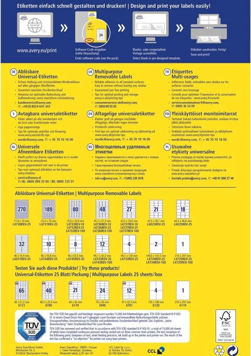 Actual product image Avery Universal labels, ablösbar