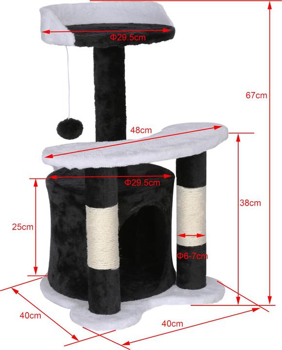 Image du produit Wiltec Arbre à chat 65 cm noir/ blanc avec corde Sisal Plateforme Niche et balle de jeux Griffoir Grattoir (67 cm, Noir/Blanc)