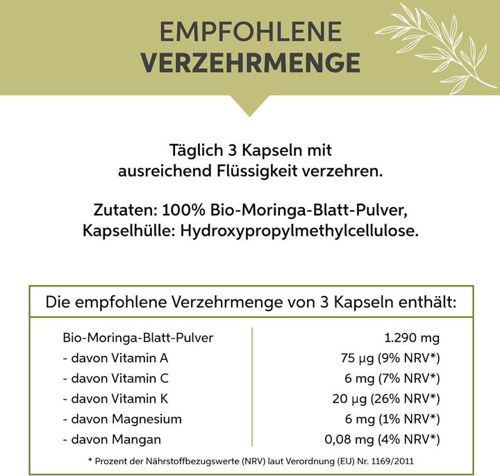 Valori nutrizionali e ingredienti Eltabia Capsule di Moringa biologica | 100% pura senza additivi (500 Pezzo/i, Pillole)