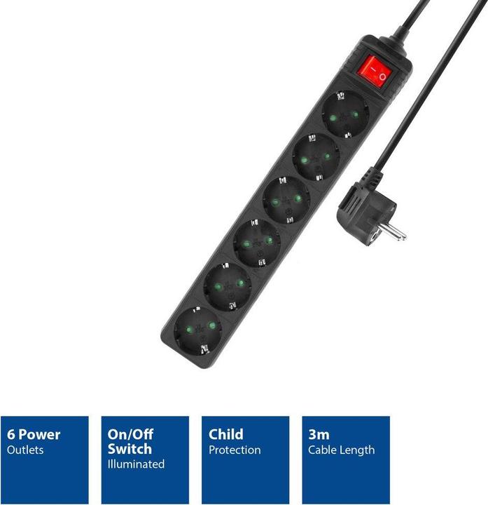 Immagine prodotto Ciabatta elettrica con interruttore illuminato, 6 prese, 3 m, nero (6 x, CEE 7/3, 3 m)