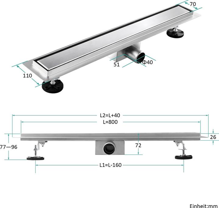 Produktbild Emke Duschrinne Edelstahl, Bodenablauf Komplettset Siphon mit Geruchsstop, Haarsieb, 800cm (800 mm)