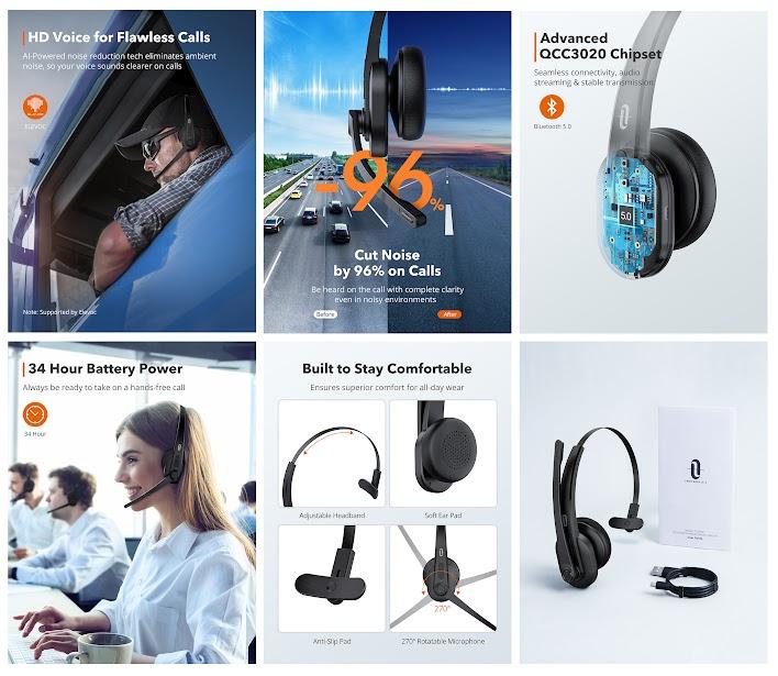 Produktbild Taotronics Trucker Bluetooth Headset with Microphone, Headset Noise Cancelling (Kabellos)