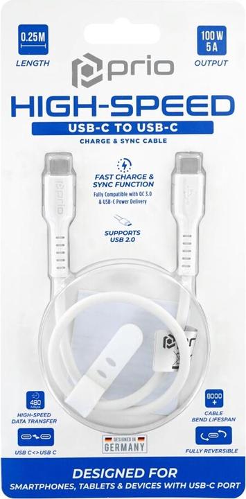 Image du produit prio Câble USB C à USB C Charge & Sync haute vitesse 5A 0,25 m blanc (0.25 m, USB 2.0)