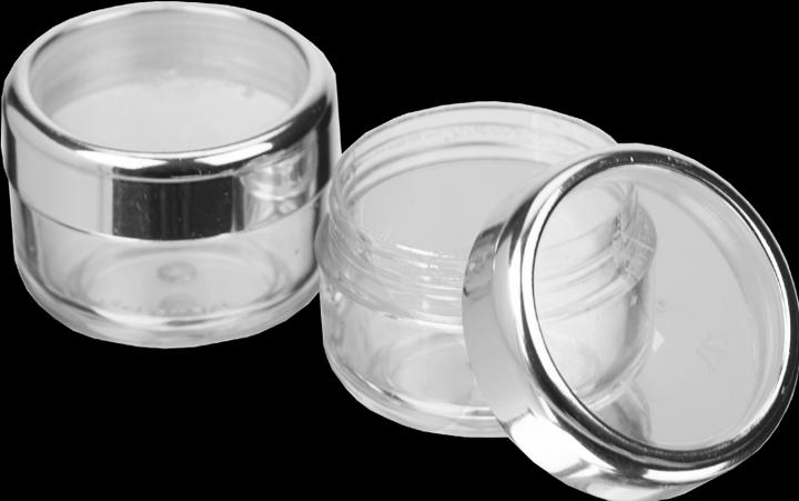 Image du produit Boîte cosmétique, plastique, argent/verre clair pour 6 ml, Ø 2,9 cm, hauteur : 2 cm