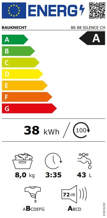 Label énergétique Bauknecht B6 88 SILENCE CH (8 kg, Gauche, Fiche CH)