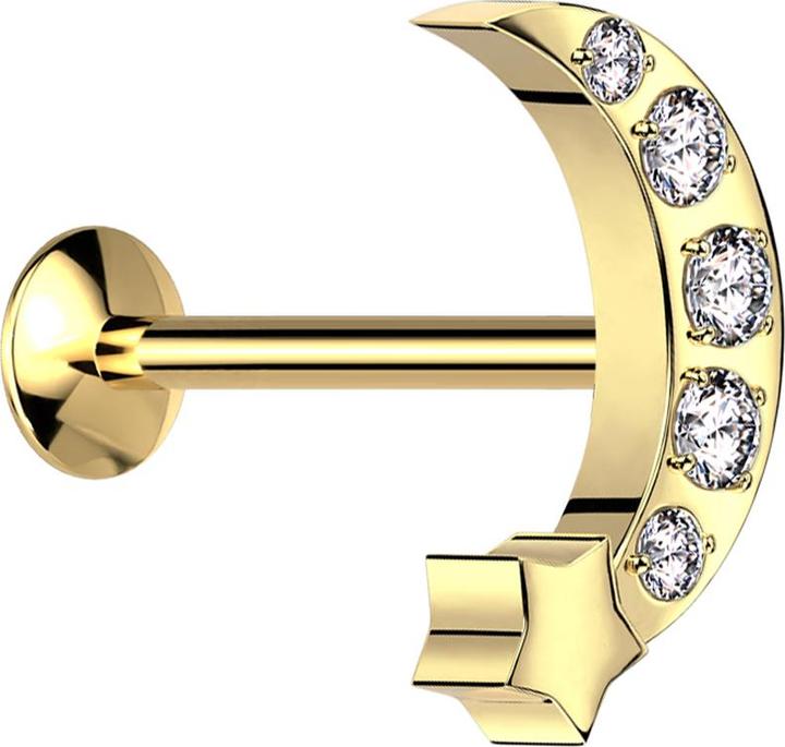 Actual product image Star Piercing Micro Threadless UFO Labret vergoldet Mond mit Stern vergoldet Kristalle silber (without brass, Surgical steel 316L)