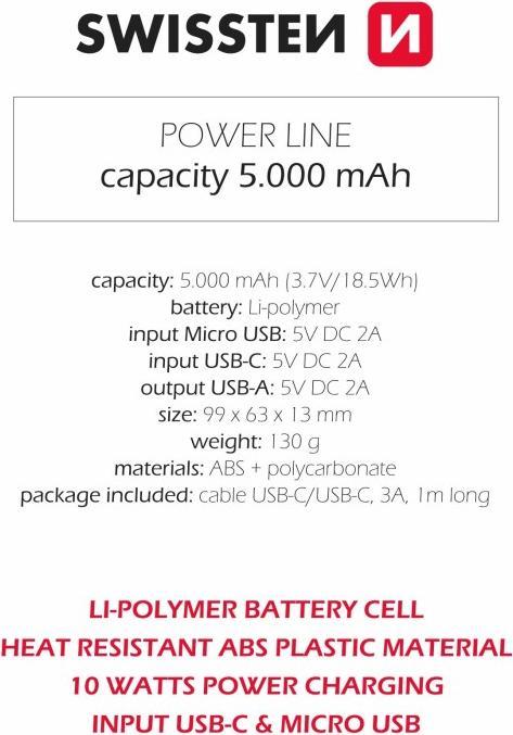 Actual product image Swissten POWER BANK 5000 mAh 10W (5000 mAh, 10 W, 10 Wh)