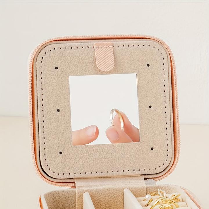 Produktbild Only-Bags.Store 1 Stück Mini-Reise-Schmuck-Organizer im klassischen Stil mit Spiegel, 3-lagiger Aufbewahrungskoffer